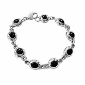 Beautiful Silver Tone Black Cabochon Bezel Link Bracelet | LCJ